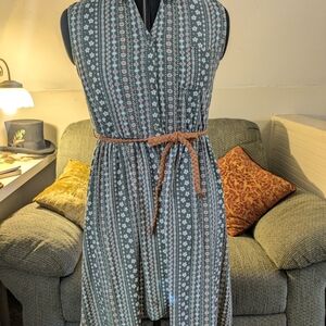 No Boundaries Green Printed Sleeveless Midi Dress with Braided Tan Belt